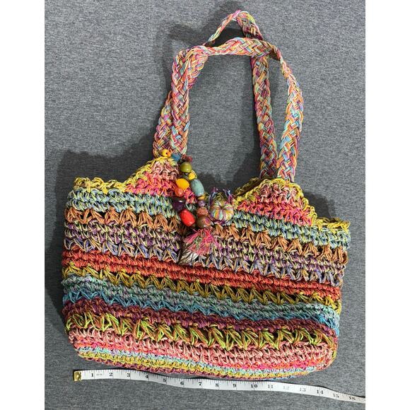 Blue Miami | Women's Multicolor Woven Canvas Straw Basket Beach Tote Handbag - Picture 2 of 7